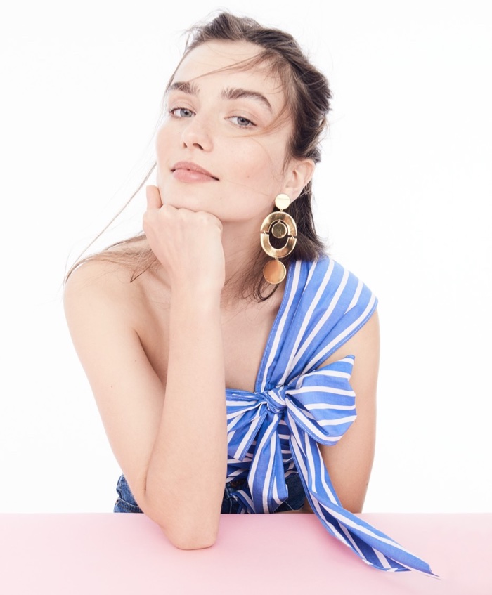 J. Crew One-Shoulder Bow Top in Stripe, Orbit Earrings and High-Rise Denim Short in Brixton Wash