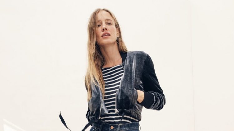 J. Crew Velvet Bomber Jacket, Striped Boatneck T-Shirt and Billie Demi-Boot Crop Jean in Loma Vista Wash