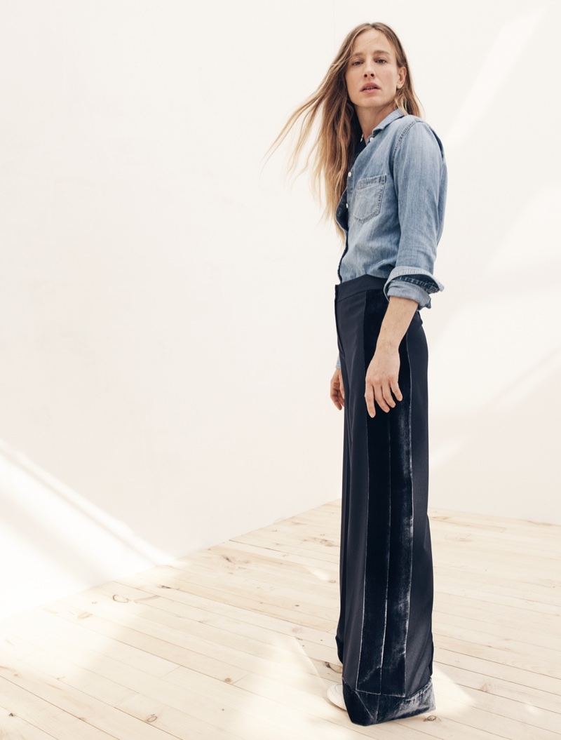 J. Crew Everyday Chambray Shirt, J. Crew Collection Wide-Leg Pant in Velvet and Tretorn Canvas T56 Sneakers