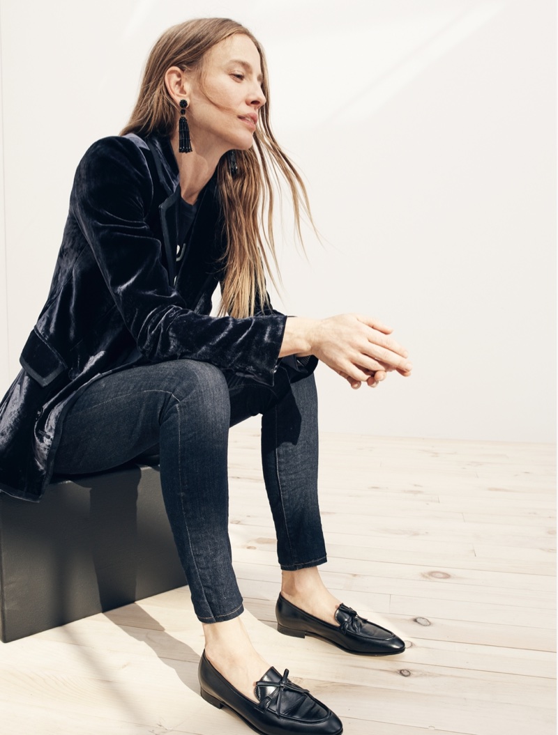 J. Crew Collection Double-Breasted Velvet Blazer, Rue Saint Honoré Graphic T-Shirt, 9" High-Rise Toothpick Jean in Resin Wash, Long Tassel Earrings and Academy Loafers in Leather