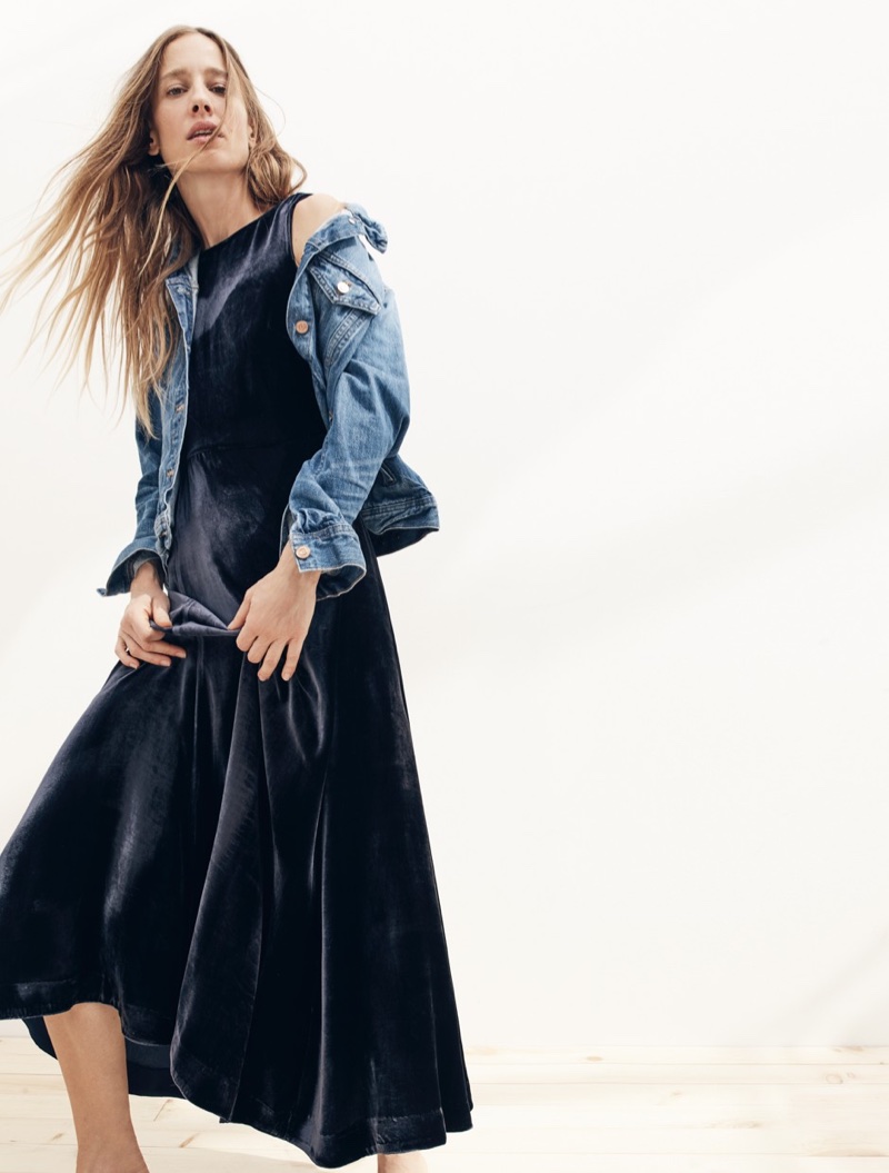 J. Crew Denim Jacket in Newton Wash, Collection Velvet Maxi Dress and Leather Loafer Mules