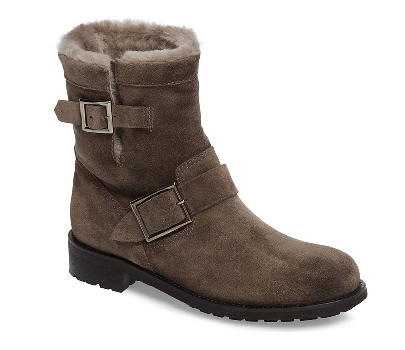 Jimmy Choo Genuine Shearling Moto Boot in Dark Grey $1,095