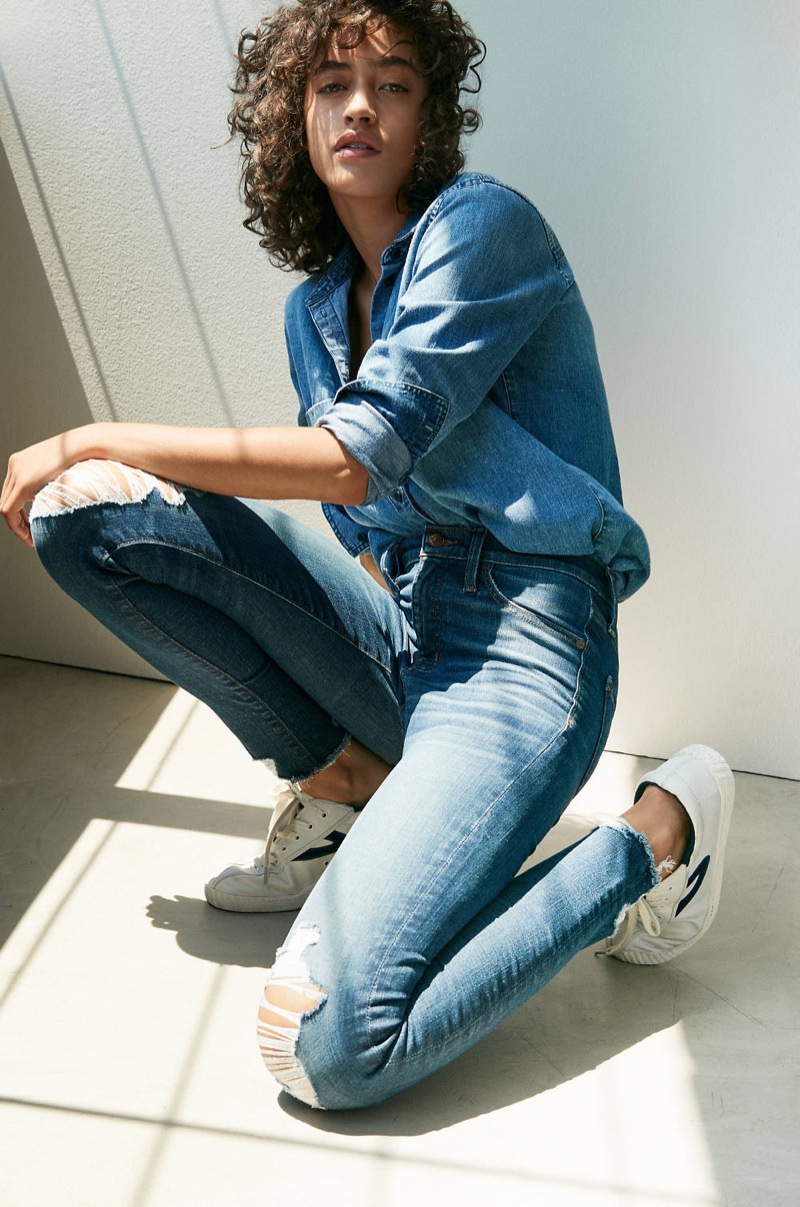 Madewell Cutoff Denim Shirt, 9" High-Rise Skinny Jeans: Destructed Edition and Tretorn Nylite Plus Sneakers in Leather and Velvet
