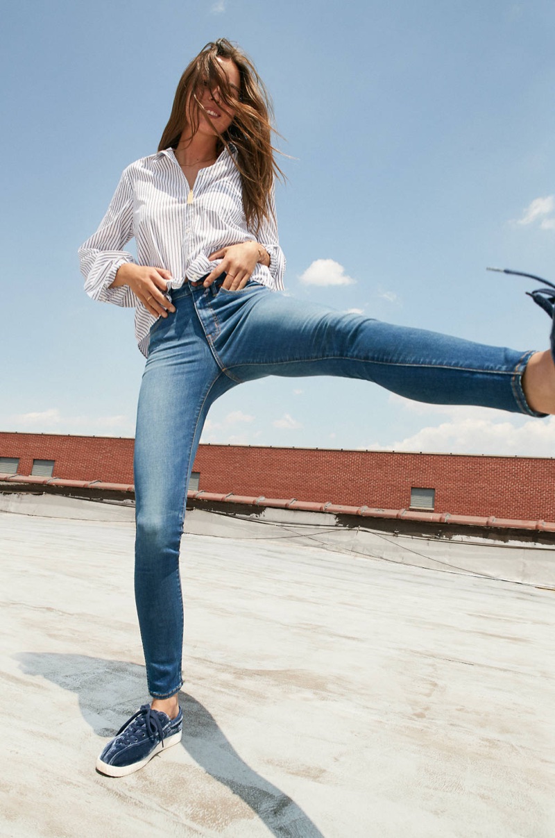 Madewell Bristol Button-Down Shirt in Stripe, Treasure Pendant Necklace Set, 9" High-Rise Skinny Jeans in Patty Wash and Madewell x Tretorn Nylite Plus Sneakers in Velvet