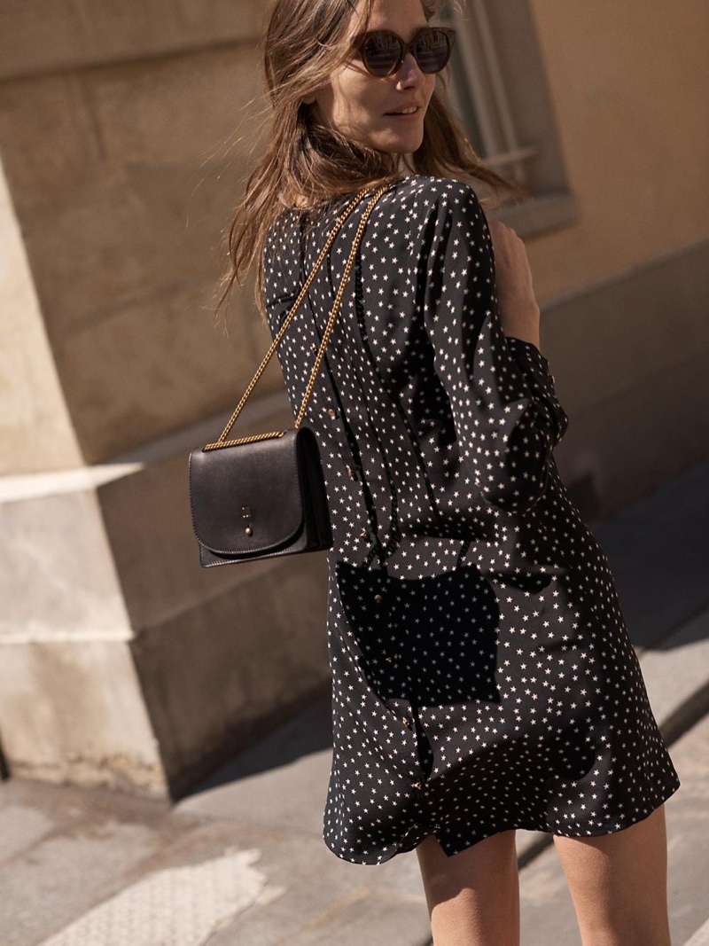 Madewell Silk Button-Back Dress in Star Scatter, Athens Cat-Eye Sunglasses and The Chain Crossbody Bag