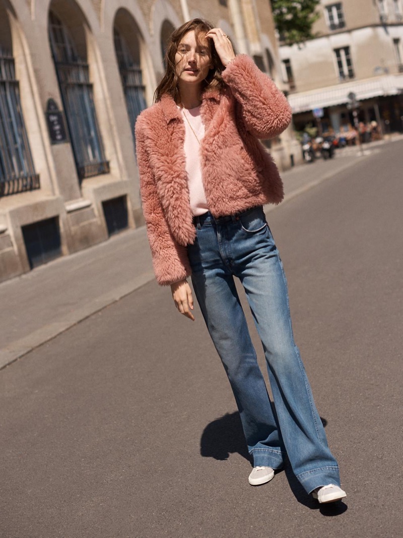 Madewell Pink Mongolian Shearling Jacket, Rivet & Thread Retro Wide-Leg Jeans and Madewell x Veja Esplar Low Sneakers in Suede