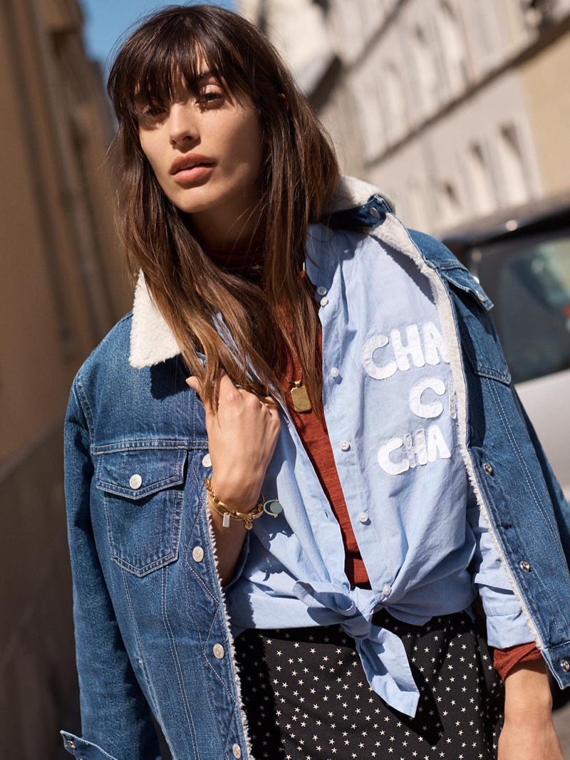 Madewell The Oversized Jean Jacket: Sherpa Edition, Oversized Ex-Boyfriend Cha Cha Cha Shirt and Silk Ruffle-Edge Skirt in Star Scatter