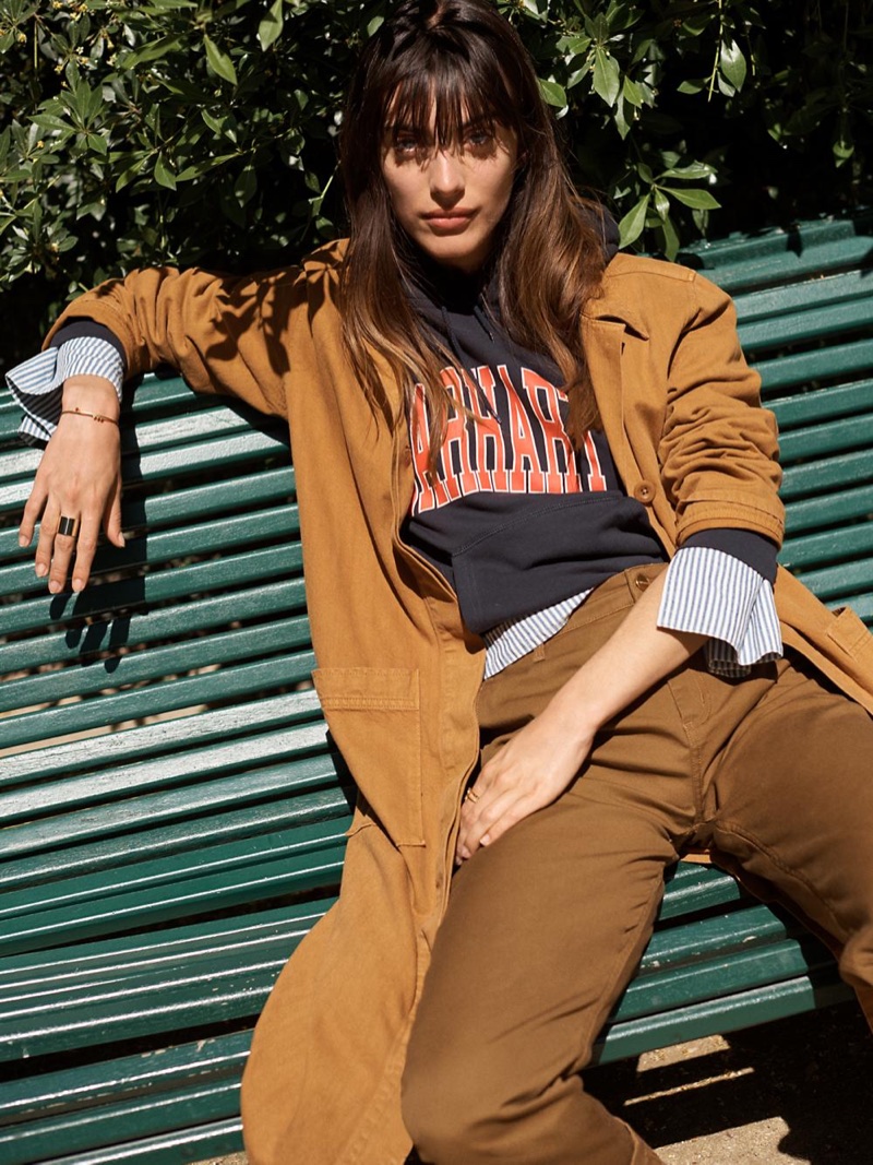 Madewell Denim Duster Coat: Garment-Dyed Edition, Carhartt Work in Progress Division Hoodie Sweatshirt and Convertible Cold-Shoulder Top in Chambray Stripe