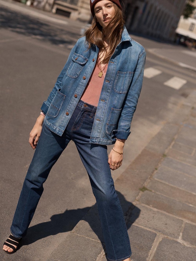 Madewell Denim Chore Coat, Velvet Wrap Bodysuit and Wide-Leg Jeans in Dorset Wash