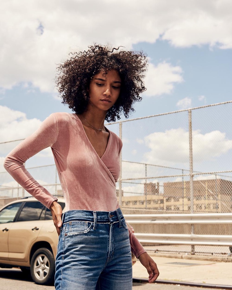 Madewell Velvet Wrap Bodysuit, Retro Crop Bootcut Jeans: Knee-Rip Edition and Madewell x Girls Inc. Demi-Fine Bronze Female Necklace