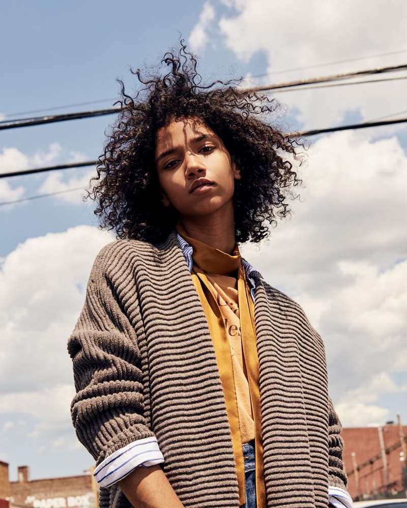 Madewell Fulton Sweater-Coat, Classic Ex-Boyfriend Shirt in Stripe-Mix, Mr. Dijon Tee, Rivet & Thread Retro Wide-Leg Jeans and Slim Silk Scarf