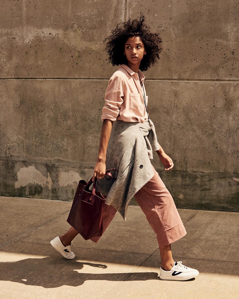 Madewell Herringbone Blazer Coat, Velveteen Langford Wide-Leg Crop Pants, The Transport Tote and Tretorn Nylite Plus Sneakers in Leather and Velvet