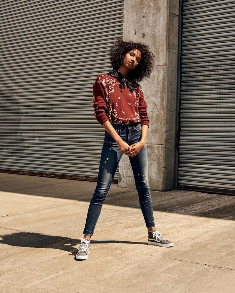 Madewell Bandana Pullover Sweater, 9" High-Rise Skinny Jeans: Distressed Edition, Silk Bandana and Vans Sk8-Hi High-Top Sneakers in Marled Fabric