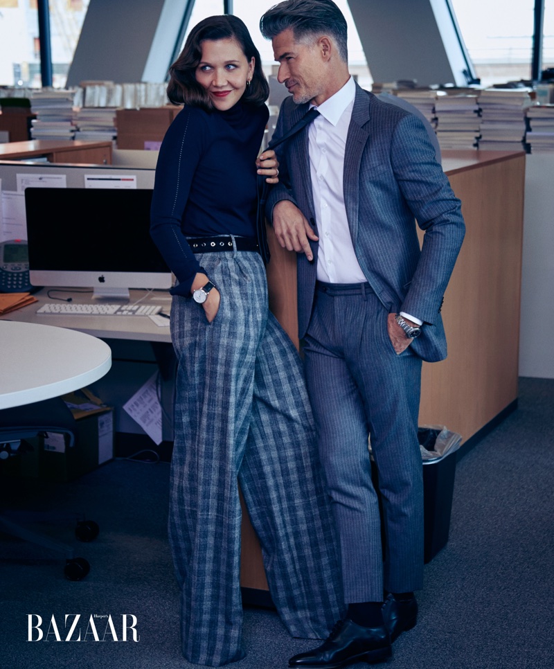 Flashing a smile, Maggie Gyllenhaal poses in Piazza Sempione turtleneck, pants and belt