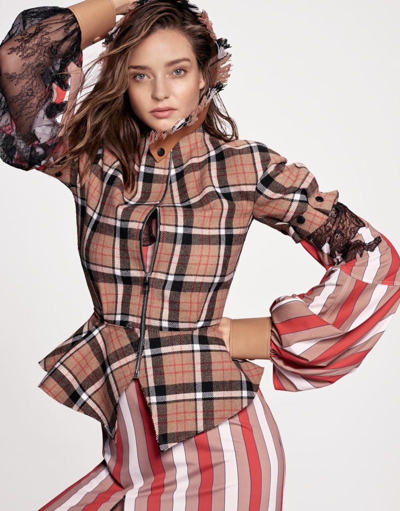 Embracing prints, Miranda Kerr models Loewe jacket and dress