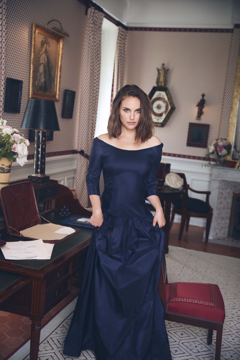 Actress Natalie Portman wears navy blue dress