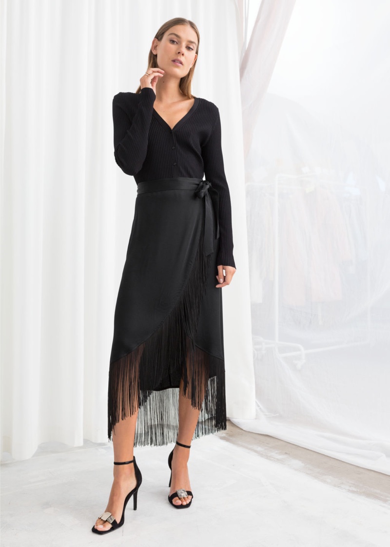 & Other Stories Satin Fringe Wrap Skirt $99