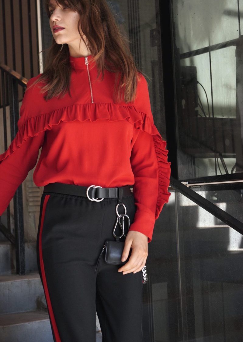 & Other Stories Frill Zip Blouse and Red Panel Trousers