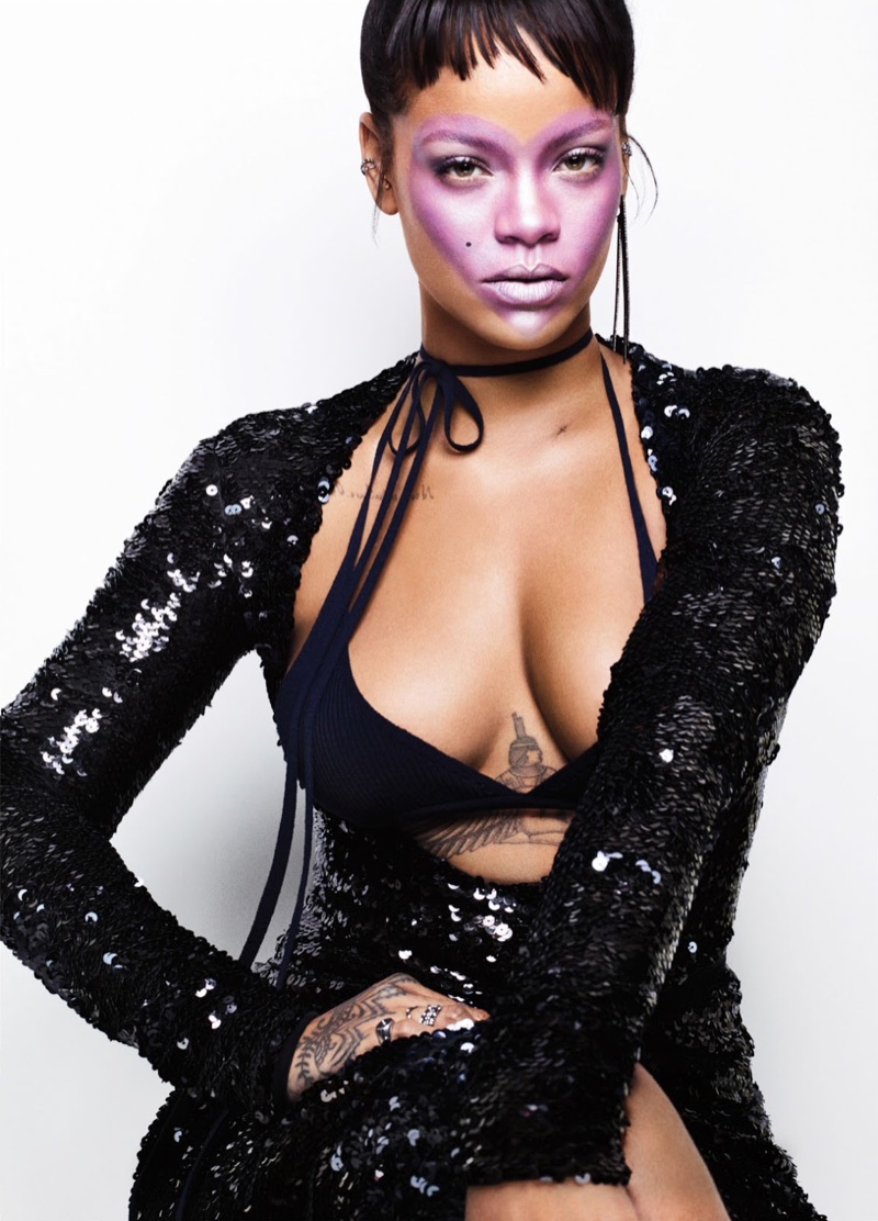 Rihanna poses in Nina Ricci bra and sequined dress