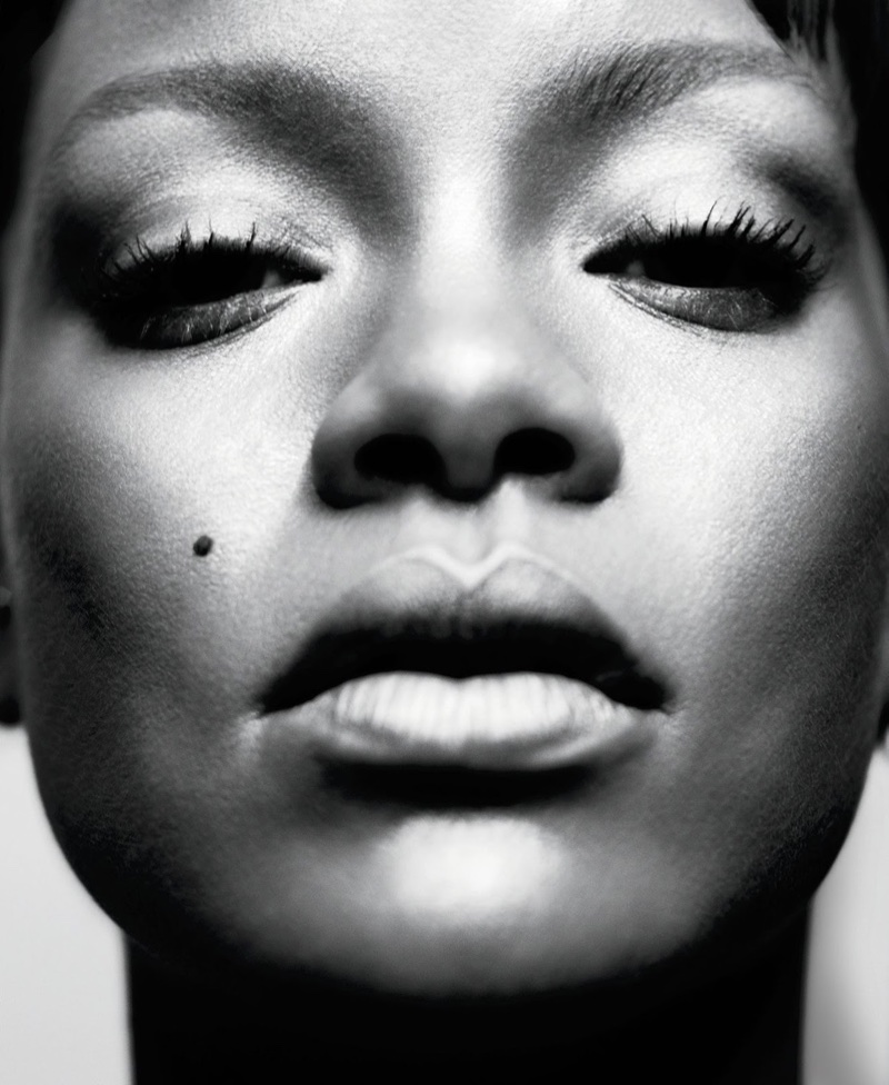 Captured in black and white, Rihanna wears Fenty Beauty
