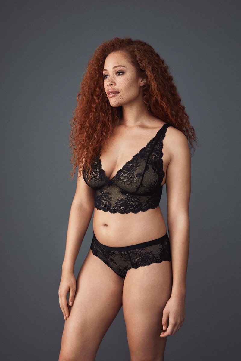 Covered in black lace, Sabina Karlsson fronts Lindex Pink Lingerie collection