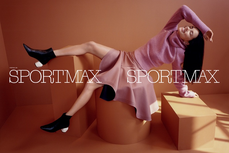 Adriana Lima wears pink sweater and skirt in Sportmax's pre-fall 2017 campaign