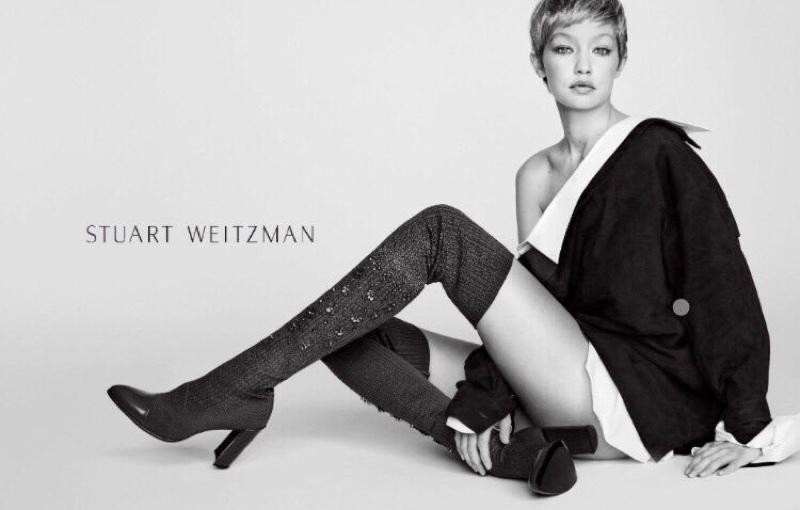 An image from Stuart Weitzman's fall 2017 advertising campaign starring Gigi Hadid