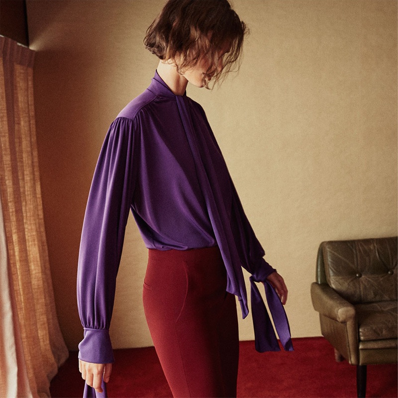 Giedre Dukauskaite models Zara Bow Blouse and Flared Flowing Trousers