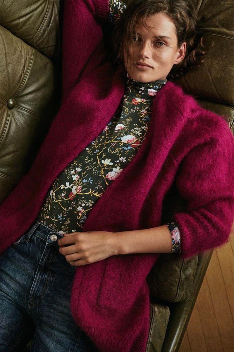 Giedre Dukauskaite models Zara Long Mohair Cardigan, Floral Print Turtleneck and Real Slim Flare Jeans