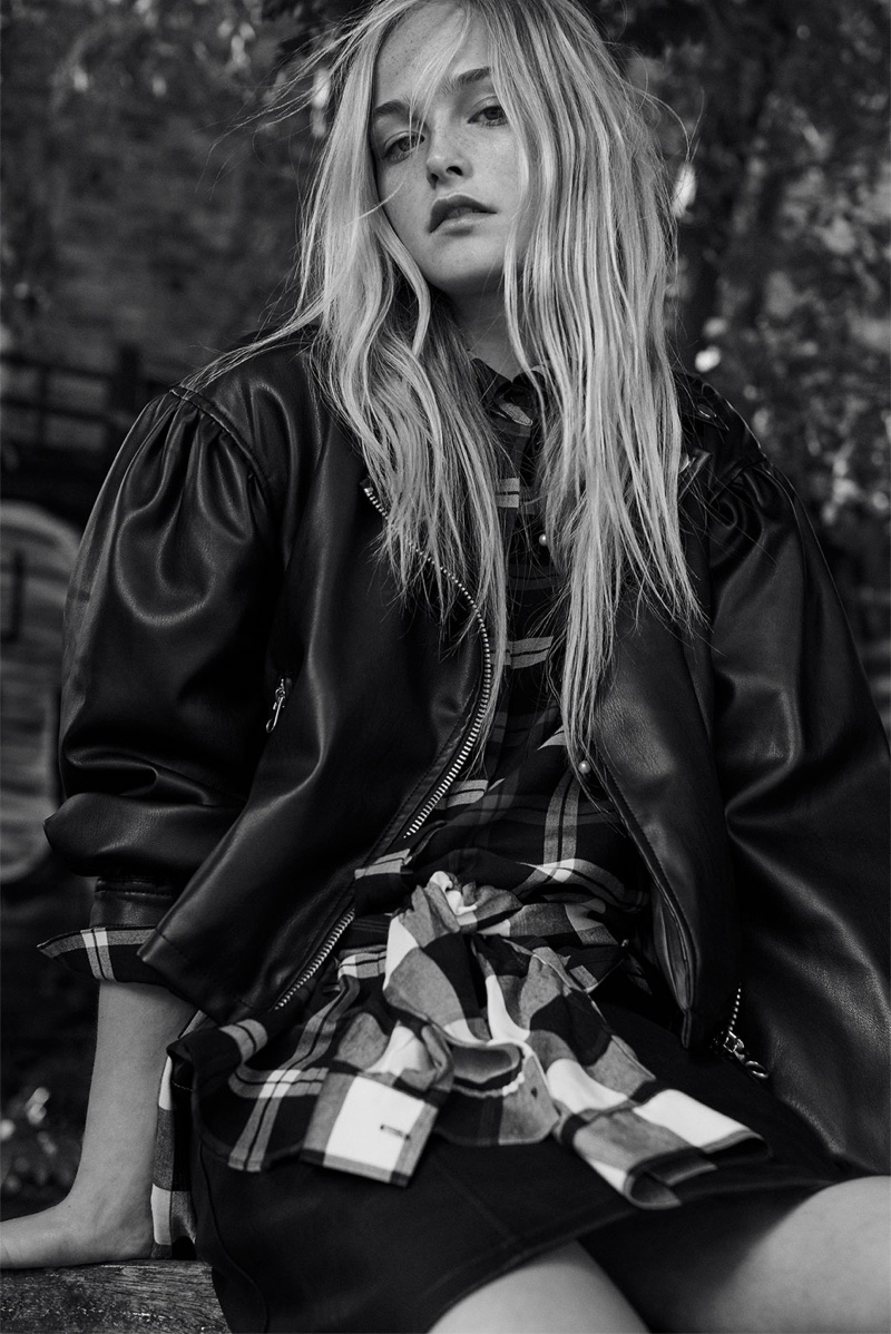 Jean Campbell models Zara Faux Leather Jacket, Shiny Checked Shirt and Faux Leather Mini Skirt