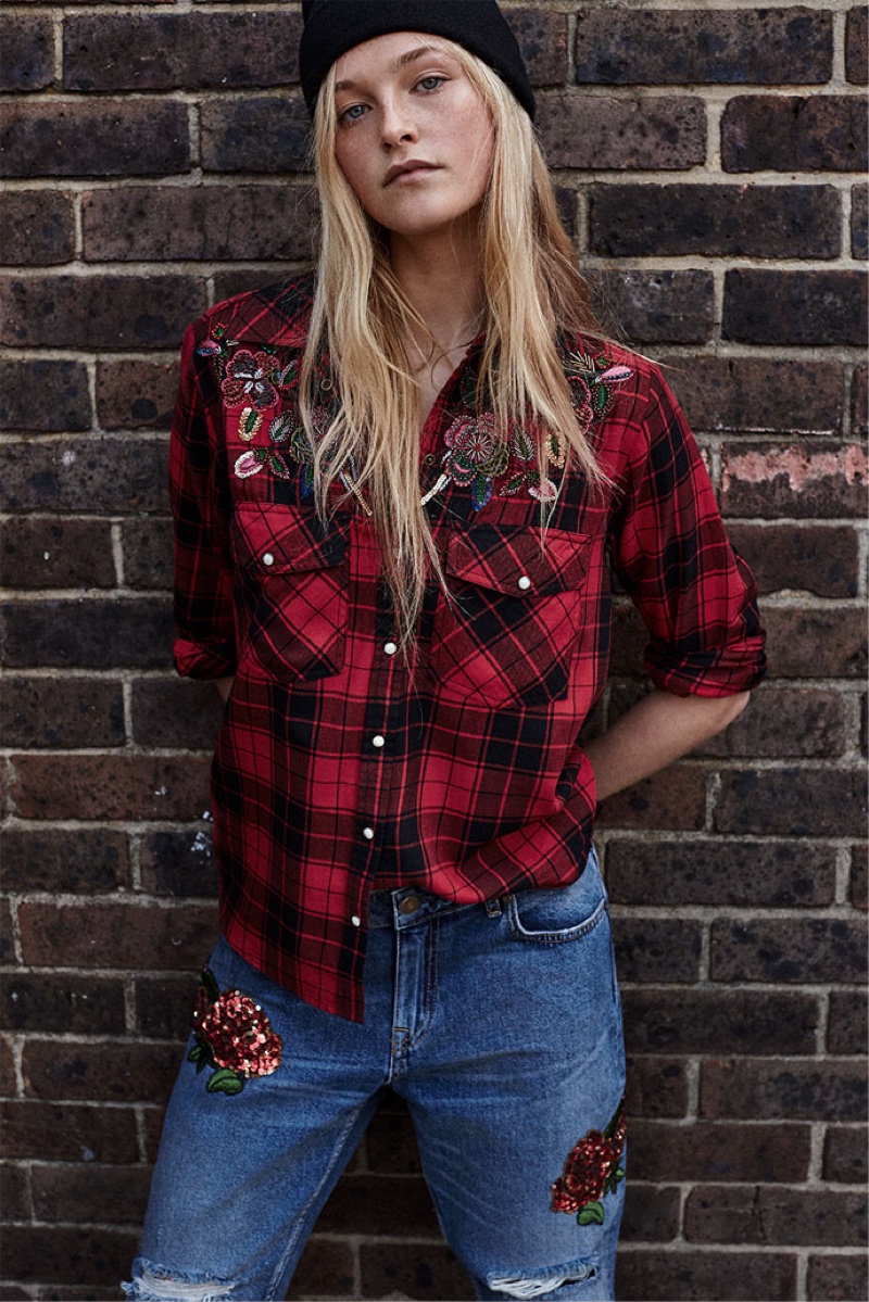 Zara Checked Shirt with Bejeweled Appliqué and Jeans