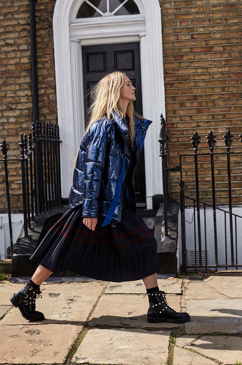 Jean Campbell models Short Quilted Jacket with Shimmer, Skirt with Contrasting Stripes and Leather Ankle Boots with Faux Pearls