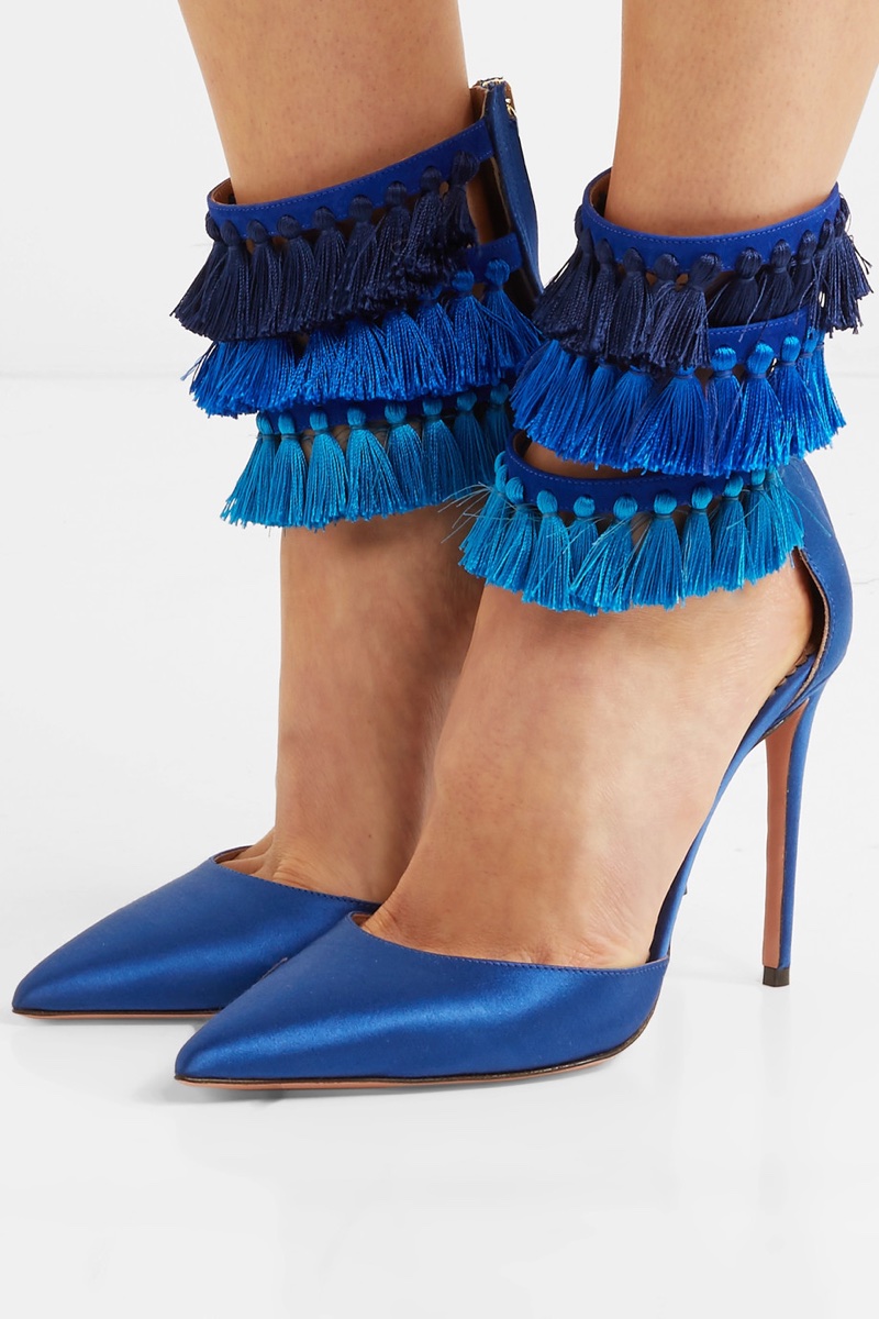 Aquazzura x Claudia Schiffer Loulou’s Tasseled Satin Pumps in Blue $850