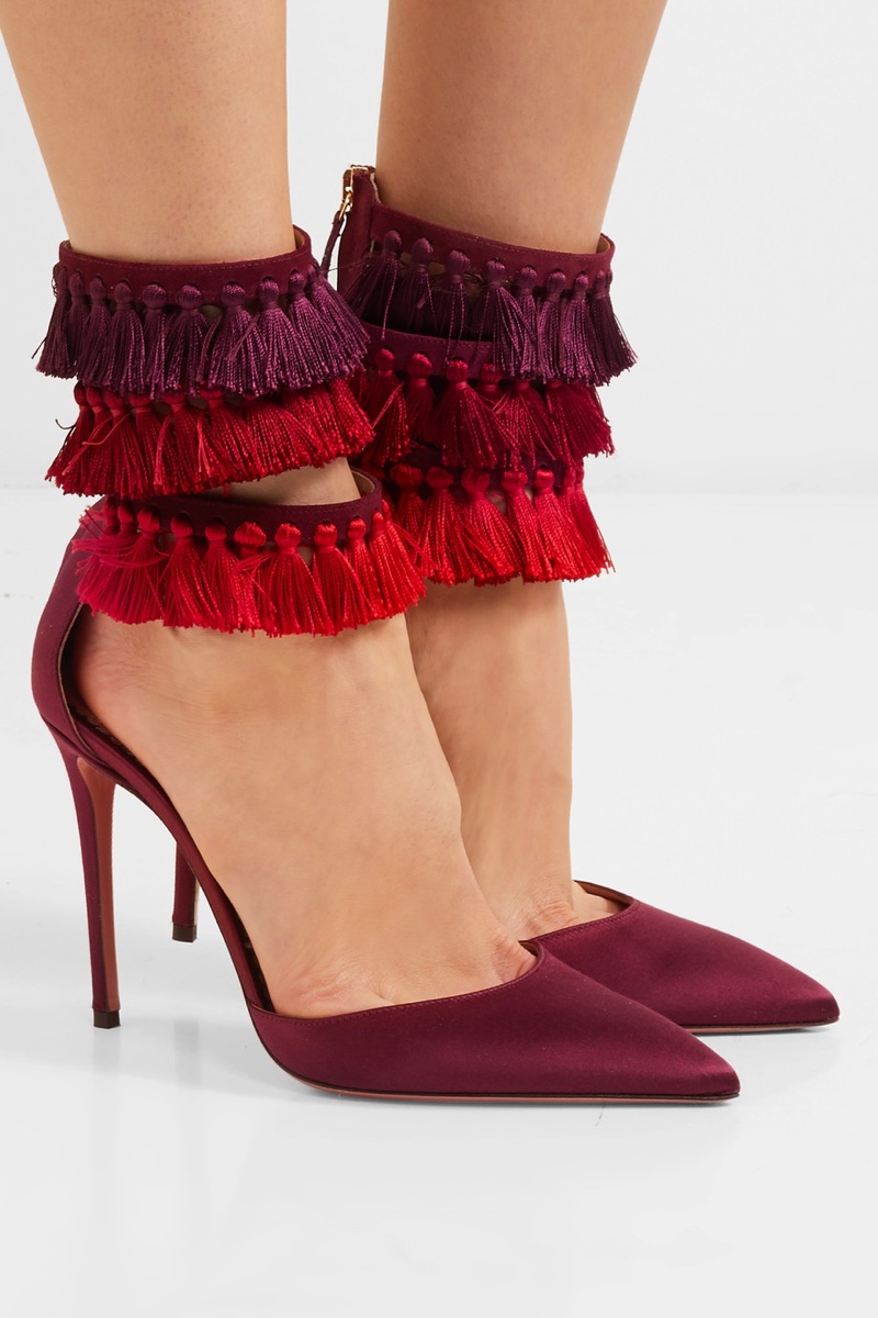 Aquazzura x Claudia Schiffer Loulou’s Tasseled Satin Pumps in Red $850