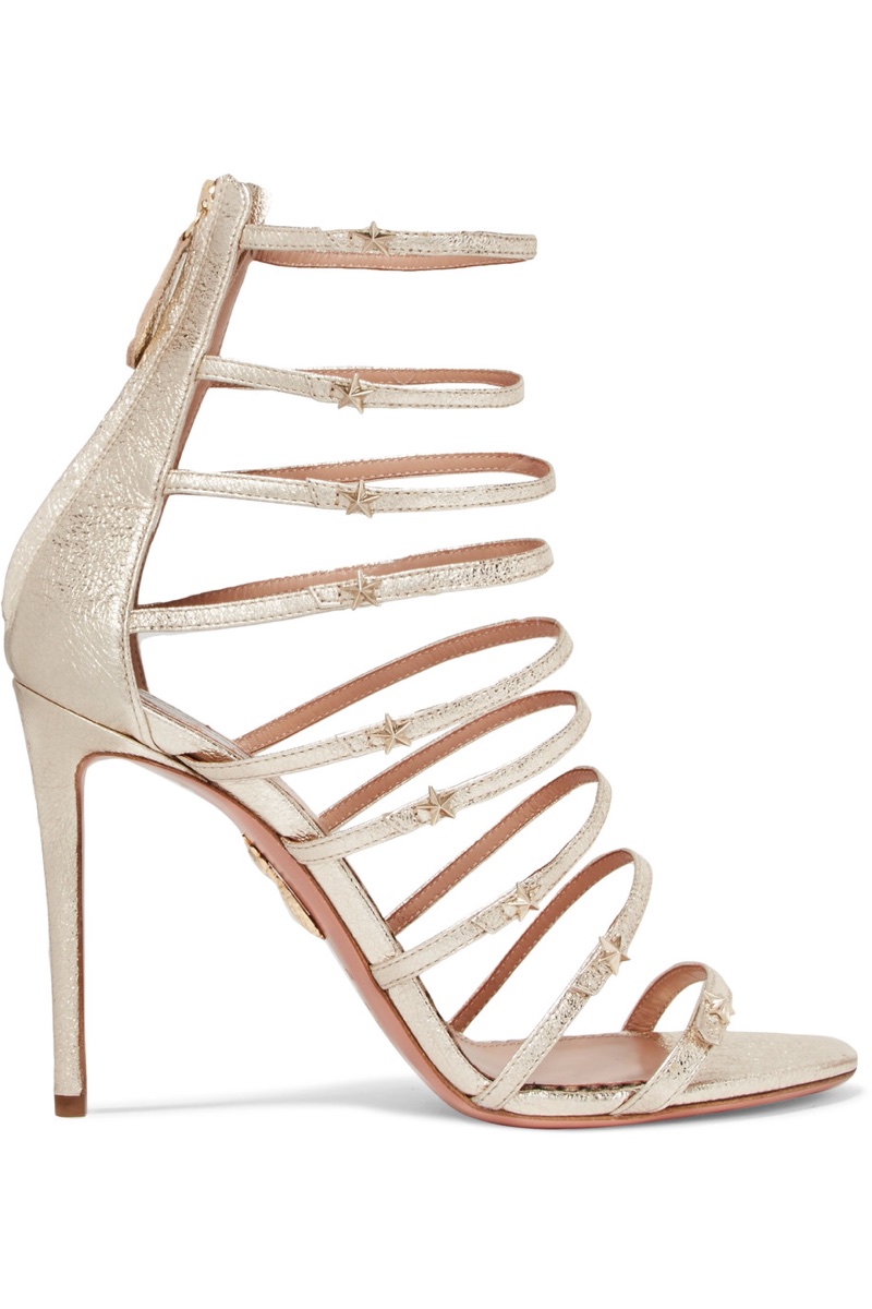 Aquazzura x Claudia Schiffer Star Embellished Metallic Textured-Leather Sandals $850