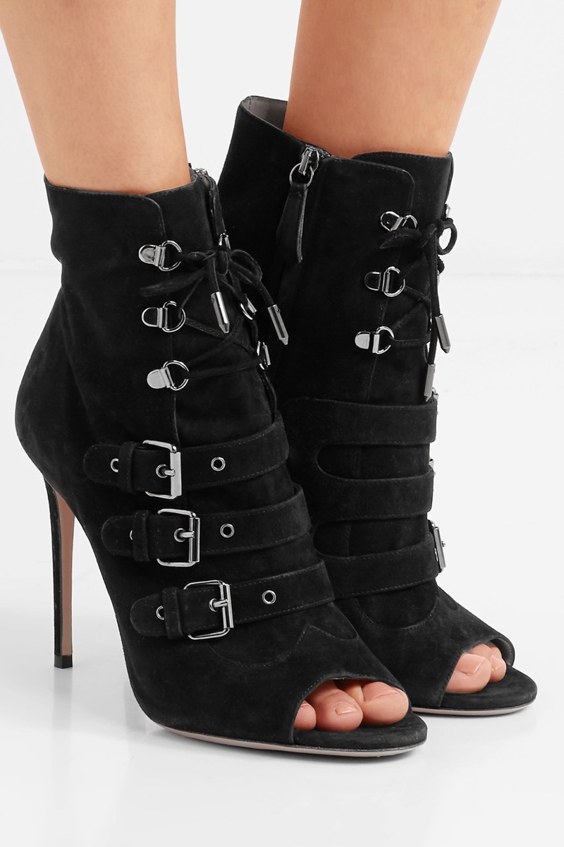 Aquazzura x Claudia Schiffer Vendome Buckled Suede Ankle Boots $1,100