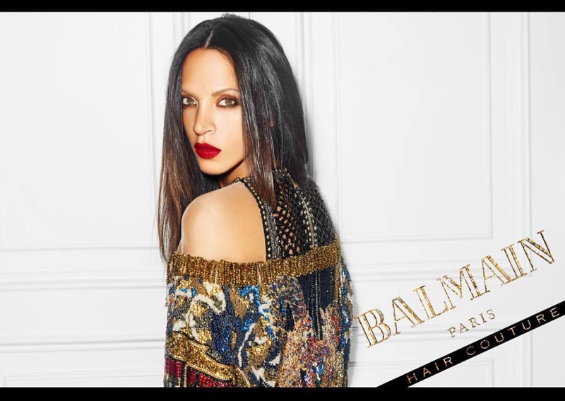 Noemie Lenoir wears straight hairstyle in Balmain Hair Couture Icons campaign