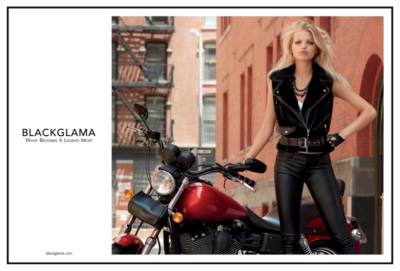 Daphne Groeneveld poses with motor bike in Blackglama's fall-winter 2017 campaign