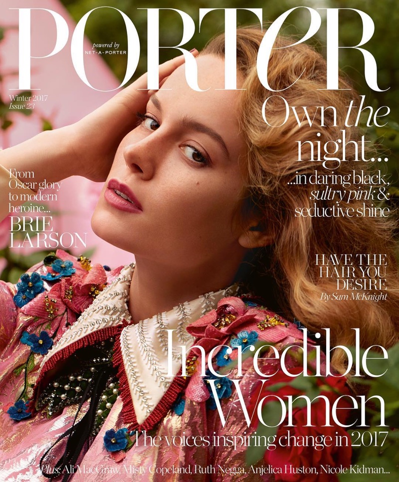 Actress Brie Larson wears Gucci dress on PORTER Magazine Winter 2017 cover