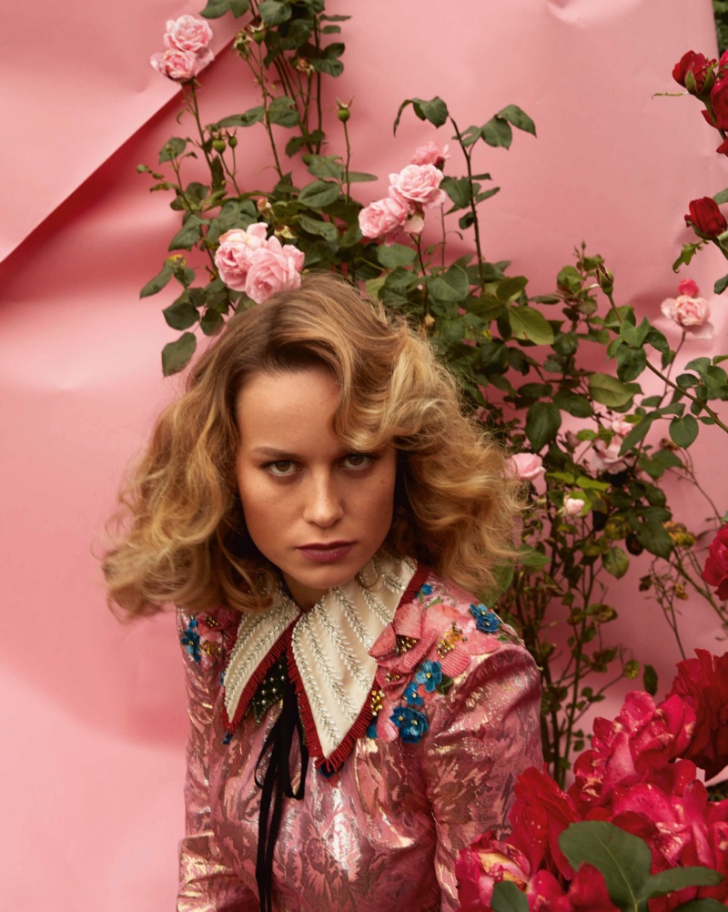 Brie Larson poses in Gucci dress with floral embellishment