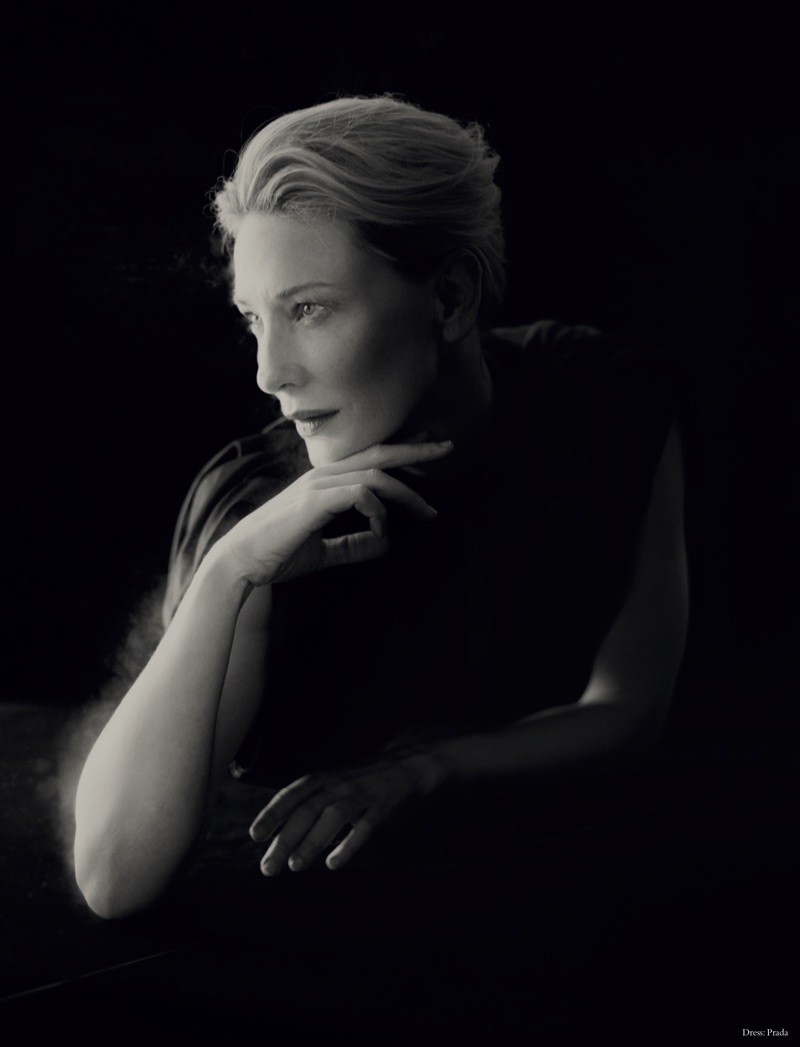 Actress Cate Blanchett poses in Prada dress