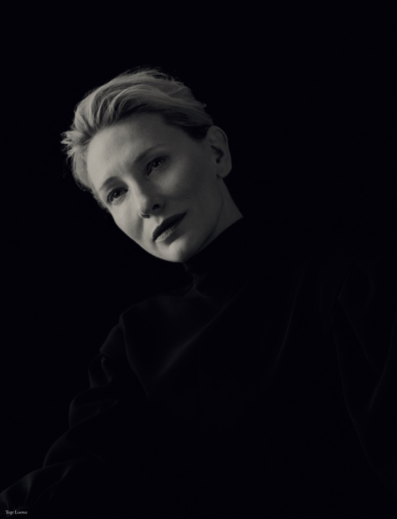 Captured in black and white, Cate Blanchett wears Loewe top