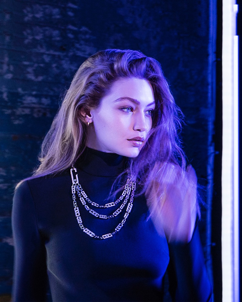 Model Gigi Hadid poses behind-the-scenes at Messika campaign