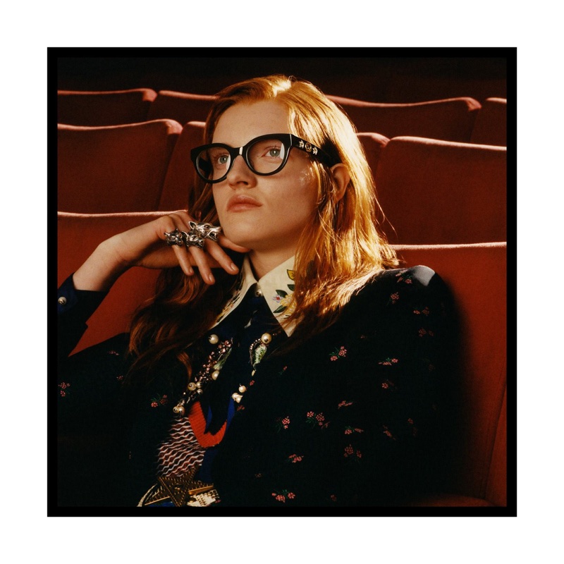 Model wears cat eye glasses in Gucci Eyewear fall-winter 2017 campaign