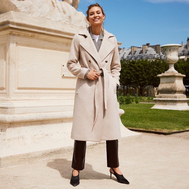 H&M Double-Breasted Coat, Wool-Blend Coat, Cotton T-Shirt, Coated Leather Pants, Slingbacks and Long Earrings