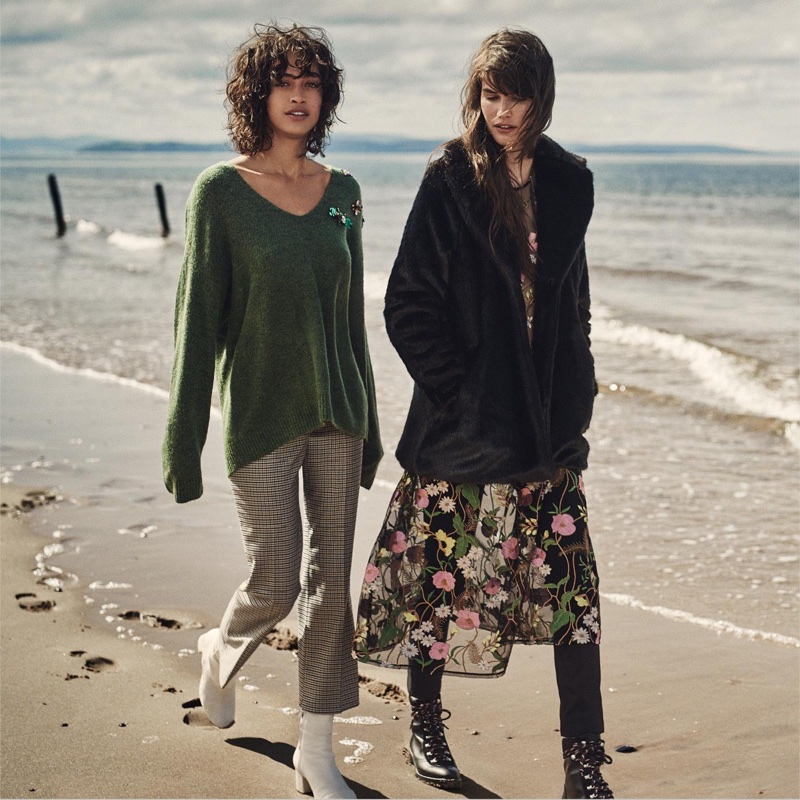 (Left) H&M Sweater with Appliqués, Ankle-Length Pants and Leather Ankle Boots (Right) H&M Faux Fur Jacket, Embroidered Mesh Dress, Slim-Fit Pants High Waist and Warm-Lined Boots