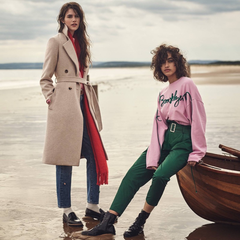 (Left) H&M Double-Breasted Coat, Woven Scarf, Vintage High Jeans and Leather Loafers (Right) H&M Oversized Sweatshirt, Paper-Bag Pants and Boots