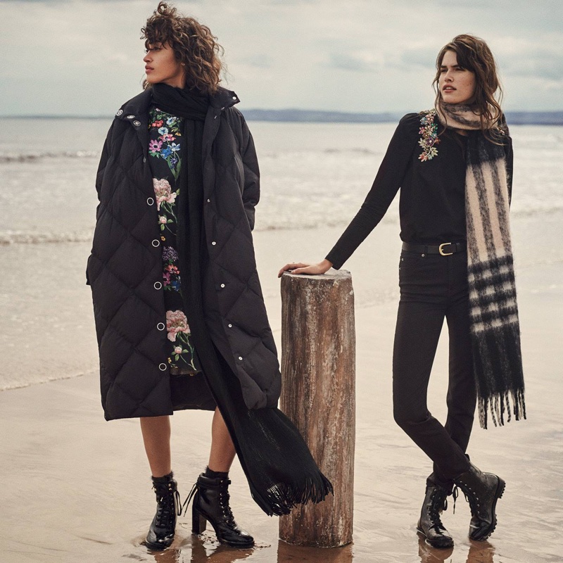 (Left) H&M Padded Jacket, Wide-Cut Satin Dress, Knit Scarf and Ankle Boots (Right) H&M Woven Scarf, Cotton Blouse with Rhinestones, Leather Belt, Slim-Fit Pants High Waist and Boots