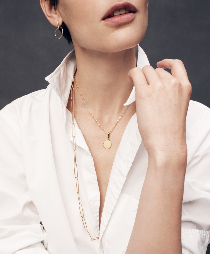 Thomas Mason for J. Crew Ludlow Slim-Fit Oxford Cloth Shirt, Demi-Fine 14k Gold-Plated Drop Hoop Earrings, Demi-Fine 14k Gold-Plated Short Chain Necklace, Demi-Fine 14k Gold-Plated Engravable Disc Charm and Demi-Fine 14k Gold-Plated Long Paper Clip Necklace