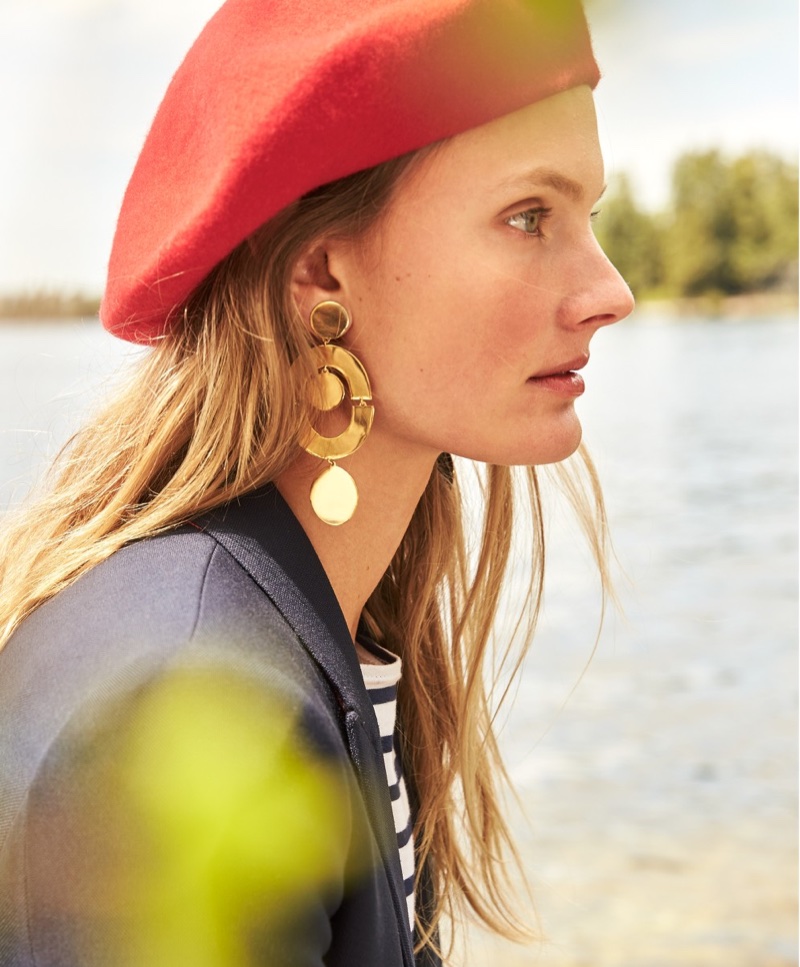 J. Crew Italian Wool Beret, Dover Blazer in Italian Wool, Saint James for J. Crew Slouchy T-Shirt and Orbit Earrings